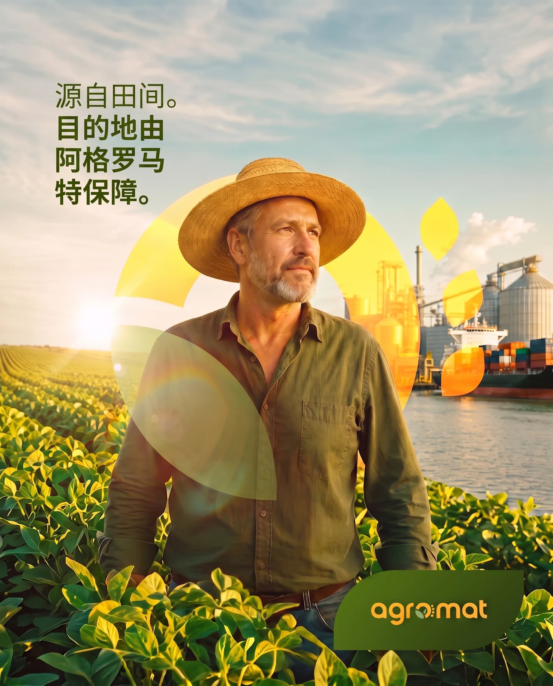 清晨大豆田中的农户,背景是 Agromat 的工业运营