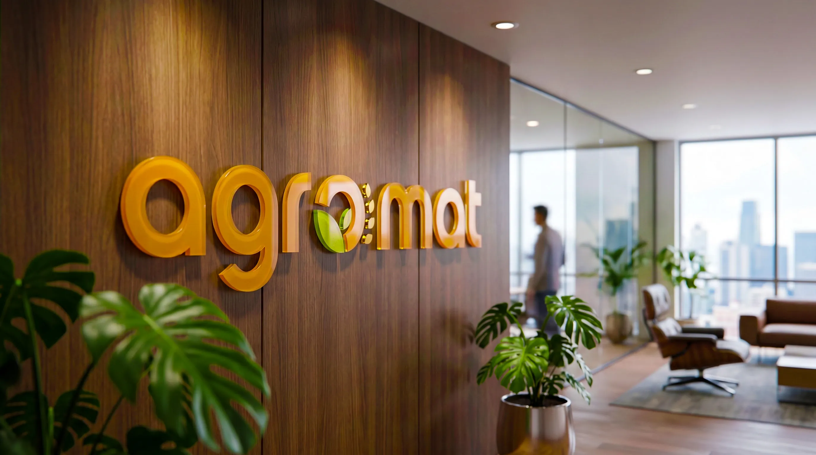 Agromat 企业前台区域,墙面应用了品牌标识